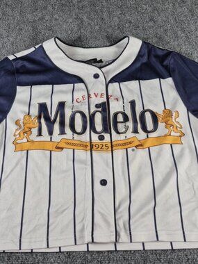 Modelo Cerveza Beer Womens L Belly Crop White 1925 Baseball Jersey Button Front
